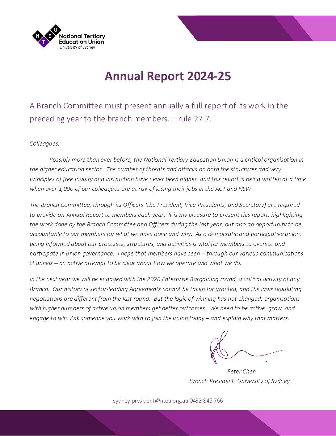 University of Sydney – NTEU Branch Annual Report – 2024-2025