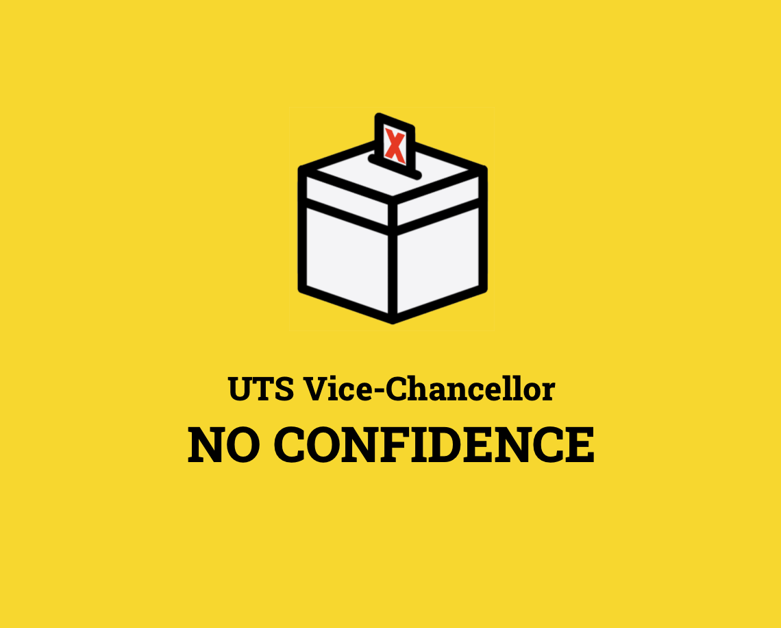 UTS no confidence logo, ballot box icon on a bright yellow background